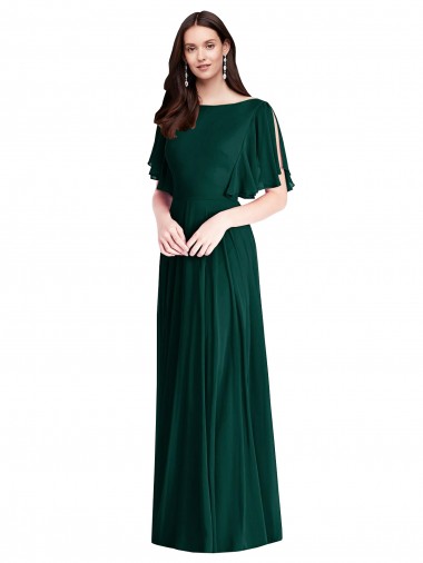 Best Bell Sleeves V-Back Long Bateau Neck A-Line Maxi Evening Dress UK