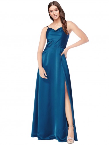 Best Sleeveless Low Back Long Cowl Neck A-Line Silky Satin Evening Dress UK