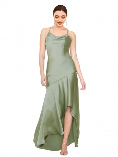 Best Sleeveless Open Back Long Cowl Neck A-Line Silky Satin Evening Dress UK