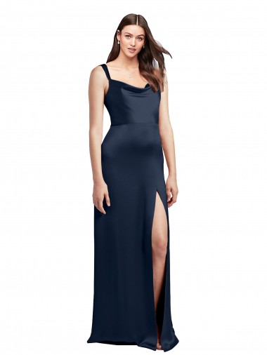 Best Sleeveless Low Back Long Cowl Neck A-Line Stretch Satin Evening Dress UK