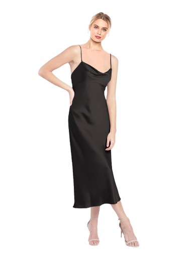 Best Sleeveless Low Back Midi Length Cowl Neck A-Line Stretch Satin Evening Dress UK