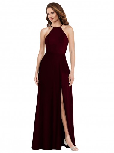 Best Sleeveless Low Back Long Halter Neck A-Line Burgundy Gold Maxi Evening Dress UK