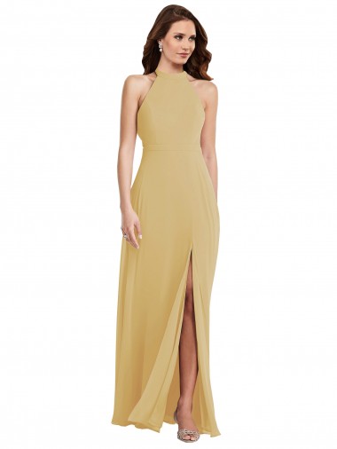 Best Sleeveless Open Back Long Halter Neck A-Line Gold Maxi Evening Dress UK