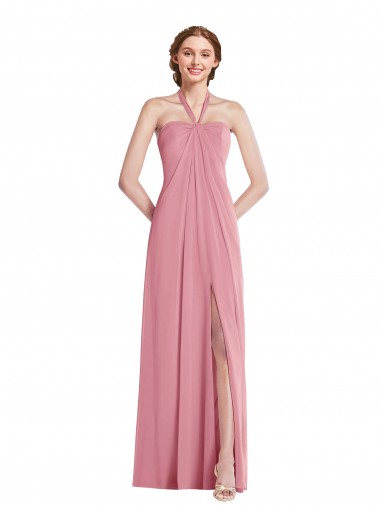 Best Sleeveless Open Back Long Halter Neck A-Line Skin Pink Maxi Evening Dress UK