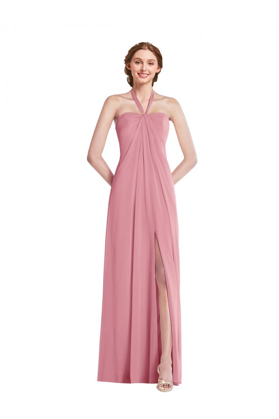 Best Sleeveless Open Back Long Halter Neck A-Line Skin Pink Maxi Evening Dress UK