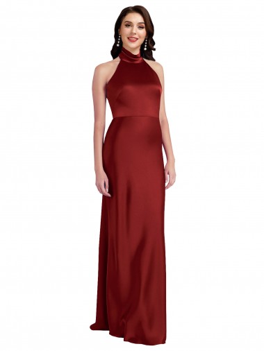 Best Sleeveless Open Back Long Halter Neck A-Line Stretch Satin Evening Dress UK