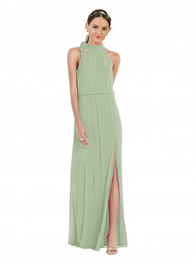 Best Sleeveless Long High Neck A-Line Smoke Green Maxi Evening Dress UK