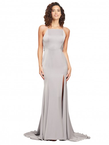 Best Sleeveless Low Back Sweep Train High Neck A-Line Evening Dresses UK