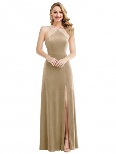 Best Sleeveless Open Back Long High Neck A-Line Stretch Velvet Maxi Evening Dress UK