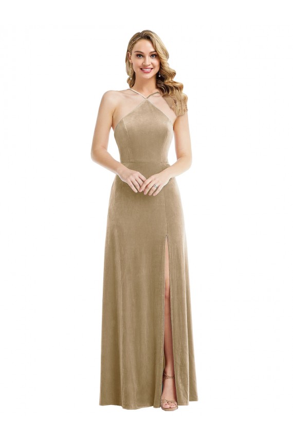 Best Sleeveless Open Back Long High Neck A-Line Stretch Velvet Maxi Evening Dress UK