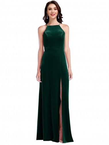 Best Sleeveless Long High Neck A-Line Stretch Velvet Maxi Evening Dress UK