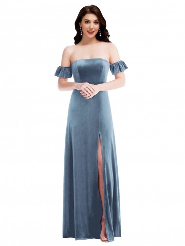 Best Ruffle Sleeves Low Back Long Off the Shoulder A-Line Semi Formal Evening Dress UK