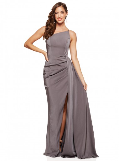 Best Sleeveless Long One Shoulder A-Line Silky Satin Evening Dress UK