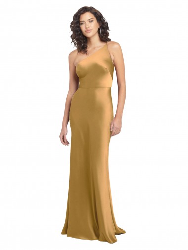 Best Sleeveless Long One Shoulder A-Line Gold Evening Dress UK