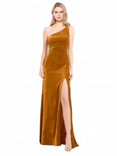 Best Sleeveless Long One Shoulder A-Line Stretch Velvet Evening Dress UK