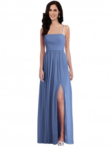 Best Sleeveless Low Back Long Spaghetti Straps A-Line Windsor Blue Maxi Evening Dress UK