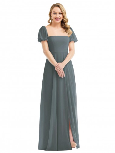 Best Puff Sleeves Long Square Neck A-Line Maxi Evening Dress UK