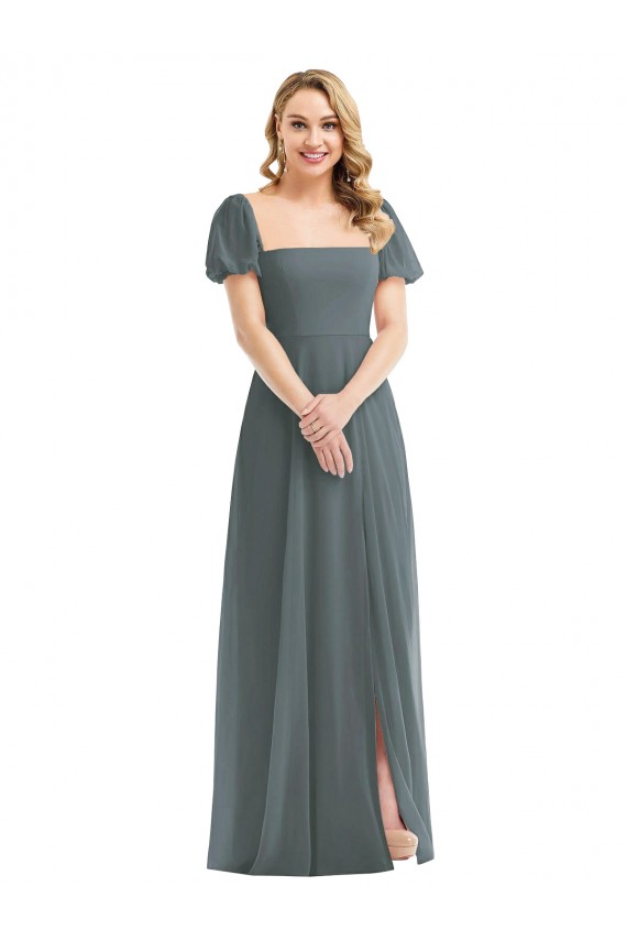 Best Puff Sleeves Long Square Neck A-Line Maxi Evening Dress UK