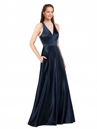 Best Sleeveless Keyhole Back Long V-Neck A-Line Luxe Satin Evening Dress UK