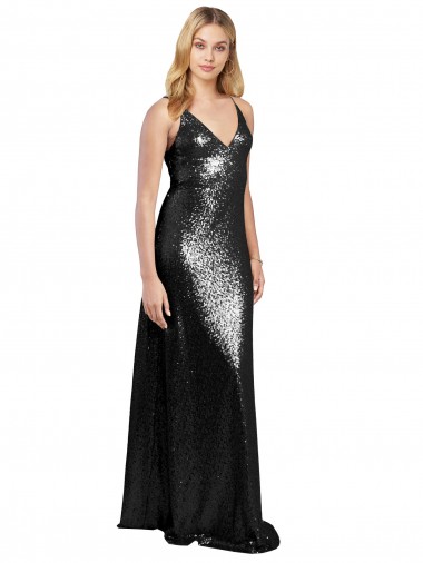 Best Sleeveless V-Back Long V-Neck A-Line Sequin Sexy Evening Dress UK