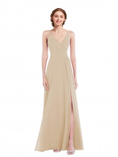 Best Sleeveless Open Back Long V-Neck A-Line Champagne Maxi Evening Dress UK