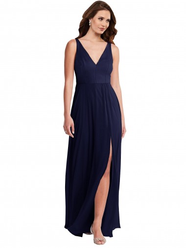 Best Sleeveless V-Back Long V-Neck A-Line Dark Navy Maxi Evening Dress UK