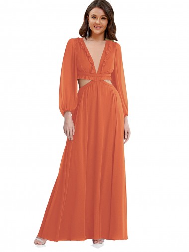 Best Long Sleeves Open Back Long V-Neck A-Line Maxi Evening Dress UK