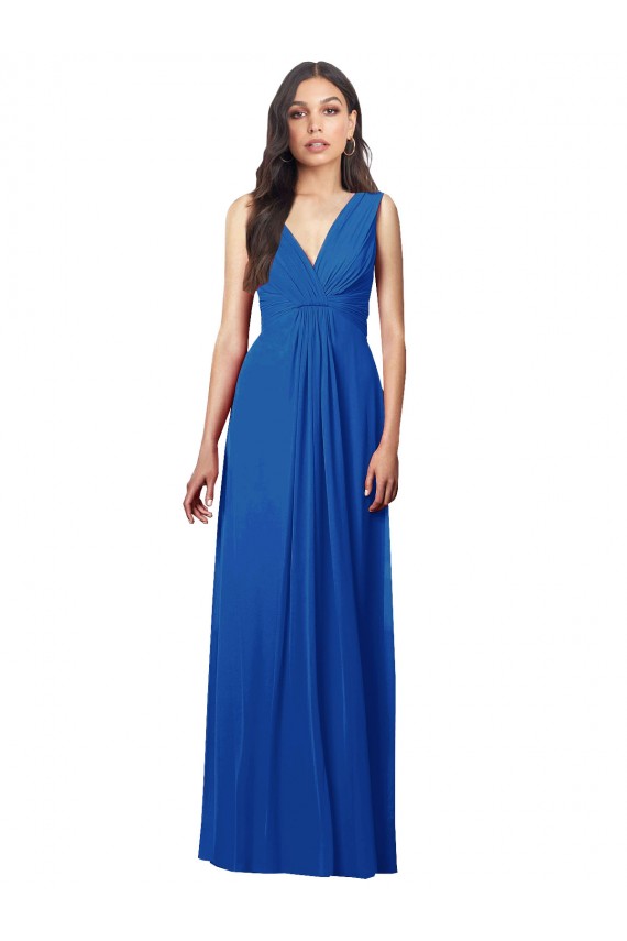 Best Sleeveless V-Back Long V-Neck A-Line Royal Blue Maxi Evening Dress UK