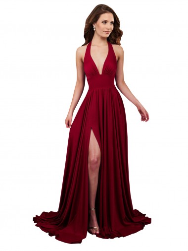 Best Sleeveless Open Back Long V-Neck A-Line Burgundy Sexy Evening Dress UK