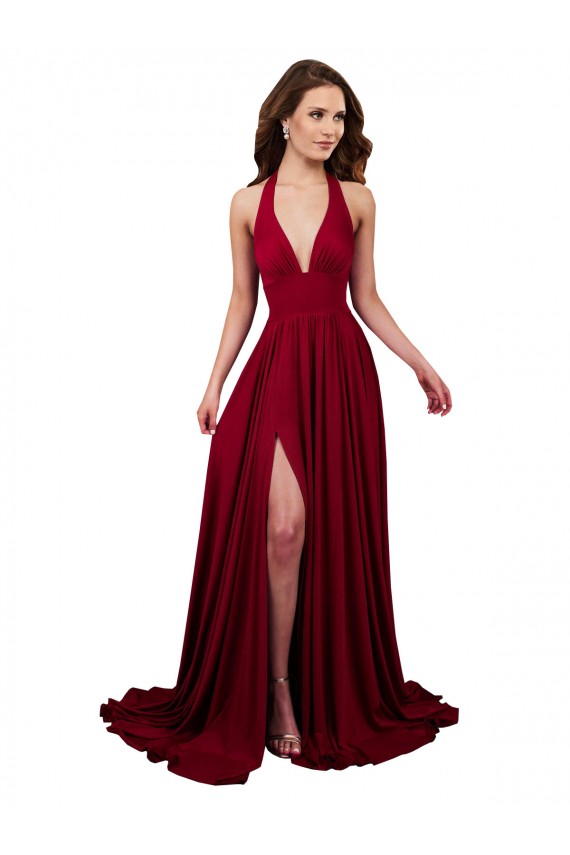 Best Sleeveless Open Back Long V-Neck A-Line Burgundy Sexy Evening Dress UK