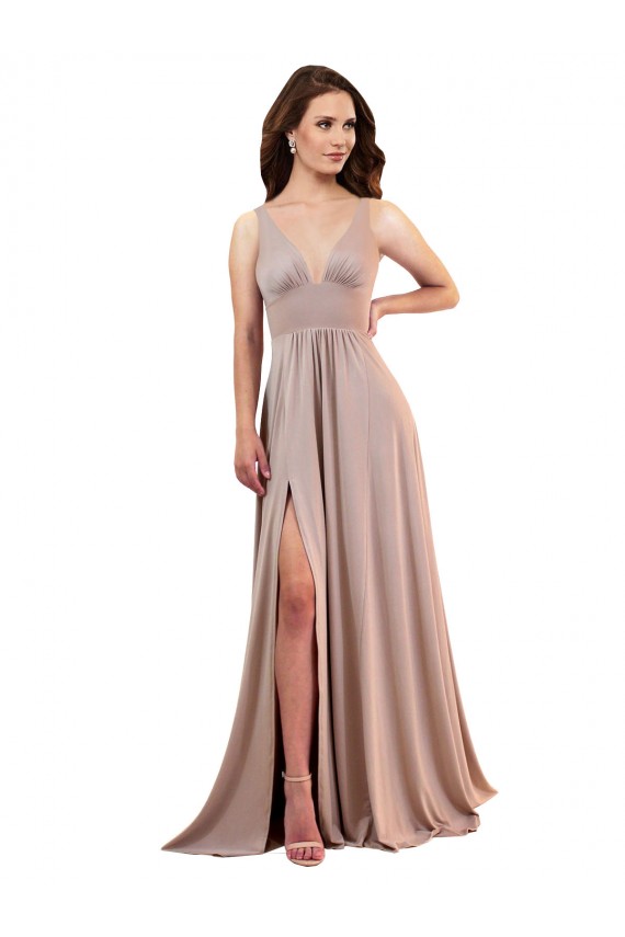 Best Sleeveless Low Back Long V-Neck A-Line Sexy Evening Dress UK