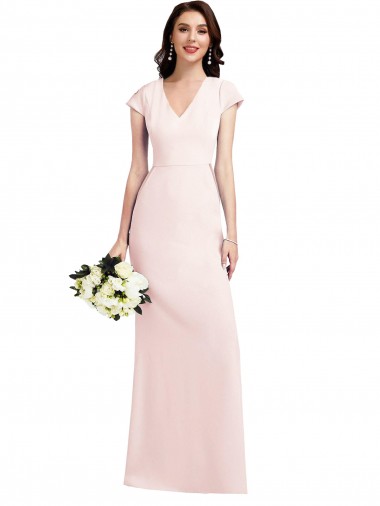 Best Cap Sleeves Long V-Neck A-Line Stretch Crepe Evening Dress UK