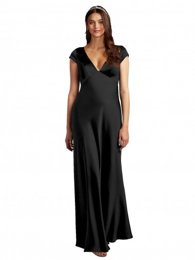 Best Cap Sleeves Keyhole Back Long V-Neck A-Line Stretch Satin Evening Dress UK