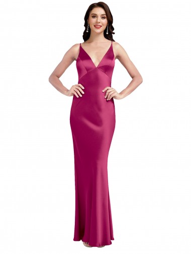 Best Sleeveless Low Back Long V-Neck A-Line Stretch Satin Sexy Evening Dress UK