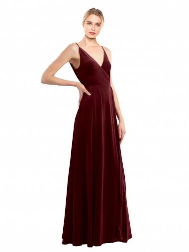 Best Sleeveless V-Back Long V-Neck A-Line Stretch Velvet Evening Dress UK