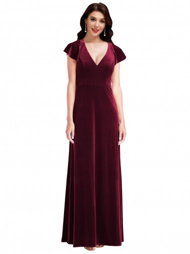 Best Flutter Sleeves Long V-Neck A-Line Burgundy Maxi Evening Dress UK