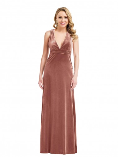 Best Sleeveless Open Back Long V-Neck A-Line Stretch Velvet Maxi Evening Dress UK