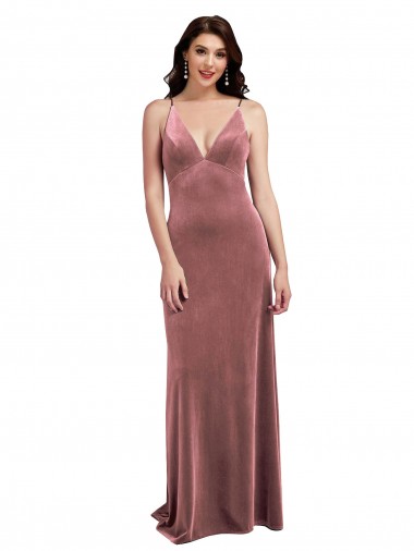 Best Sleeveless Low Back Long V-Neck A-Line Stretch Velvet Sexy Evening Dress UK