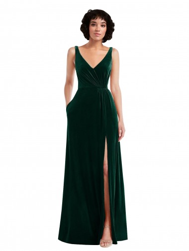 Best Sleeveless V-Back Long V-Neck A-Line Stretch Velvet Maxi Evening Dress UK