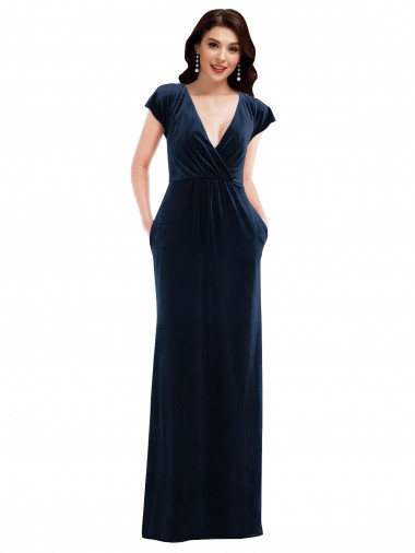 Best Flutter Sleeves Long V-Neck A-Line Dark Navy Maxi Evening Dress UK