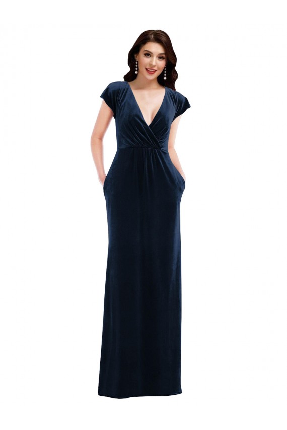 Best Flutter Sleeves Long V-Neck A-Line Dark Navy Maxi Evening Dress UK