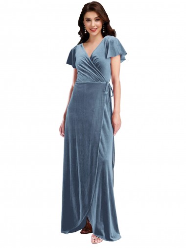 Best Flutter Sleeves Long V-Neck A-Line Stretch Velvet Maxi Evening Dress UK