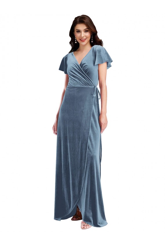 Best Flutter Sleeves Long V-Neck A-Line Stretch Velvet Maxi Evening Dress UK