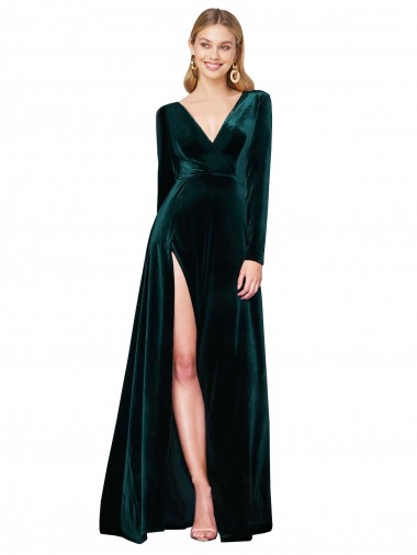 Best Long Sleeves Sweep Train V-Neck A-Line Evening Dress UK