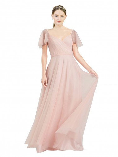 Best Flutter Sleeves Long V-Neck A-Line Semi Formal Evening Dress UK