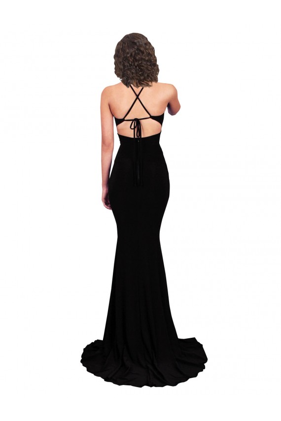 Best Sleeveless Open Back Long V-Neck Mermaid Black Sexy Evening Dress UK