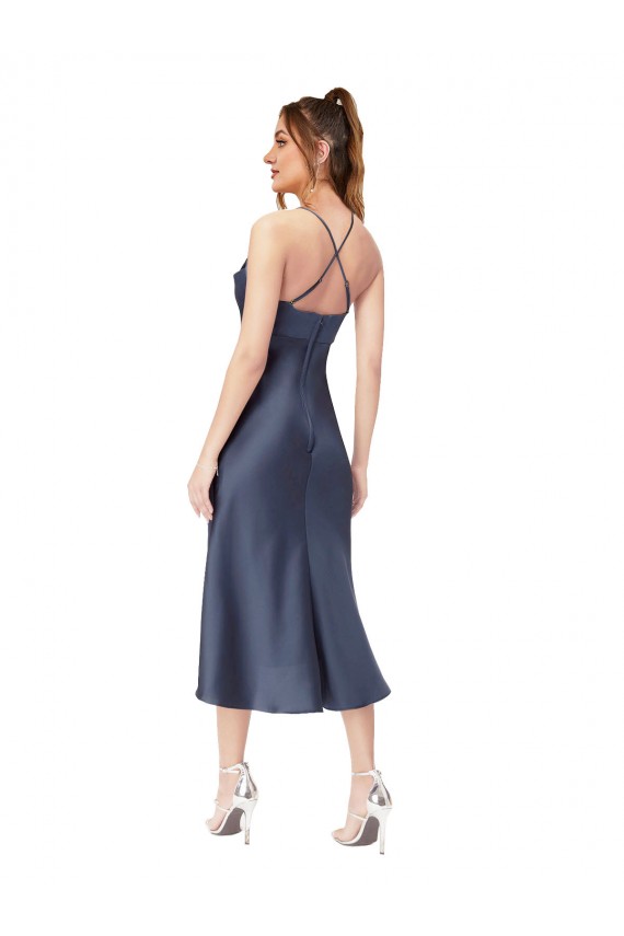 Best Sleeveless Open Back Midi Length Cowl Neck Sheath Silky Satin Sexy Evening Dress UK