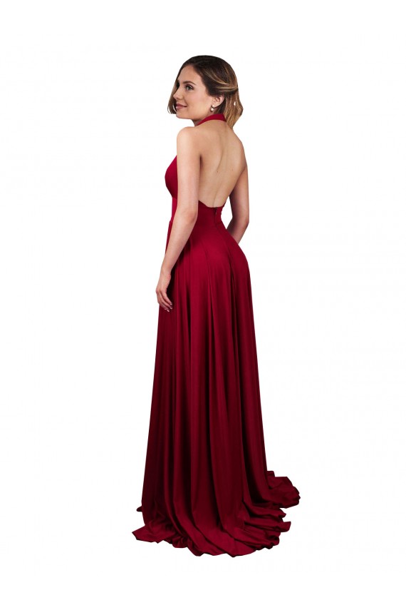 Best Sleeveless Open Back Long V-Neck A-Line Burgundy Sexy Evening Dress UK