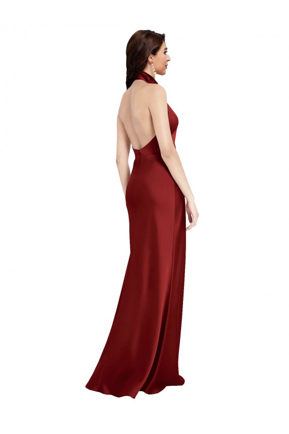 Best Sleeveless Open Back Long Halter Neck A-Line Stretch Satin Evening Dress UK