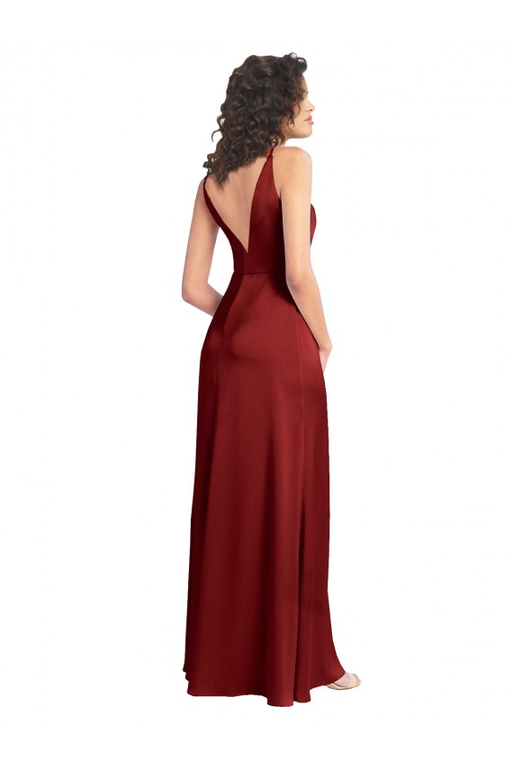 Best Sleeveless V-Back Long V-Neck A-Line Stretch Satin Evening Gown UK